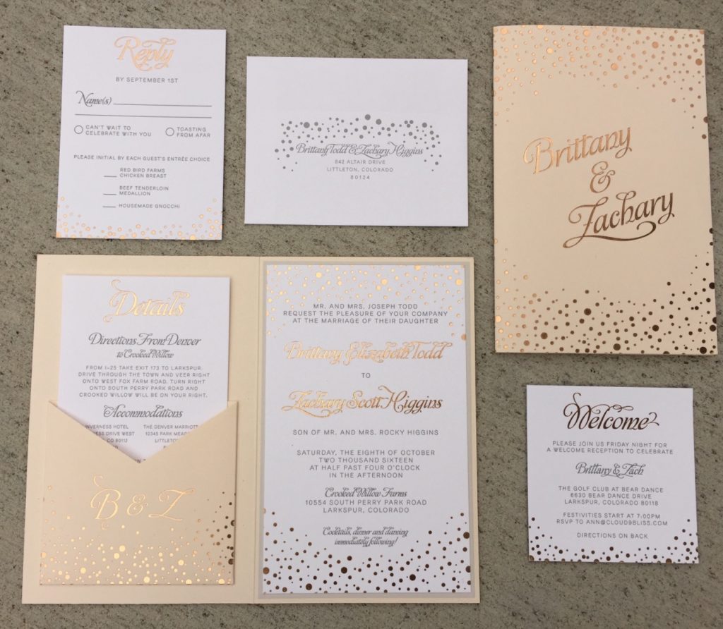 Rose gold foil, blush and gray letterpress wedding invitations