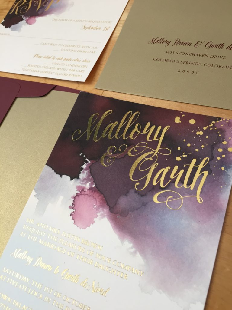 watercolor and gold foil wedding invitation