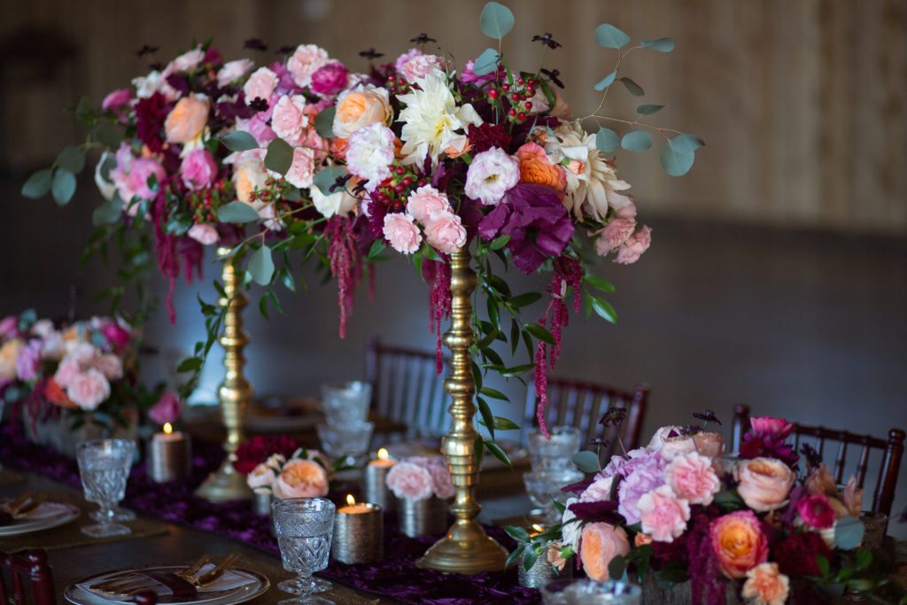 tall burgundy and pink wedding centerpiece