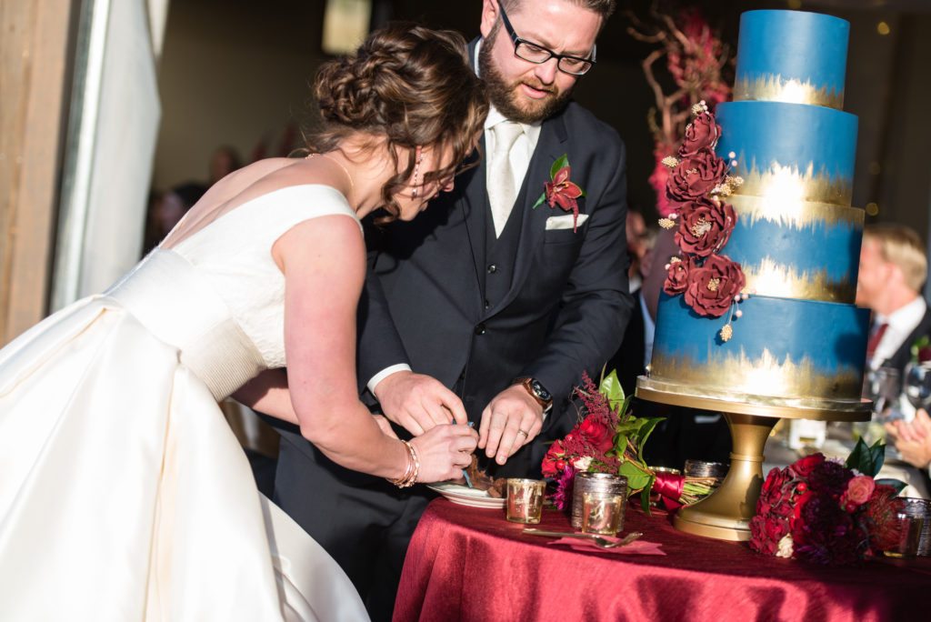 navy and burgundy wedding cake