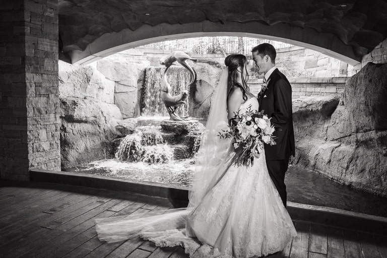Black and white photo of the bride and groom in front of a waterfall and statue.